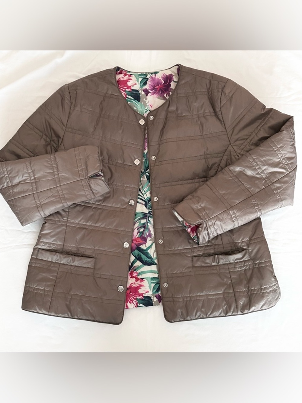 Tommy Bahama Hermosa Reversible Puffer Jacket Women’s Taupe Tropical Floral Sz L